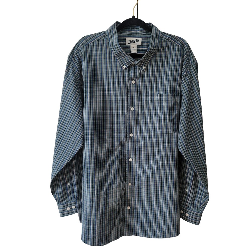 Duluth 2XL Button Down Shirt Men's Blue Plaid Relaxed Fit Cotton Long Sleeve